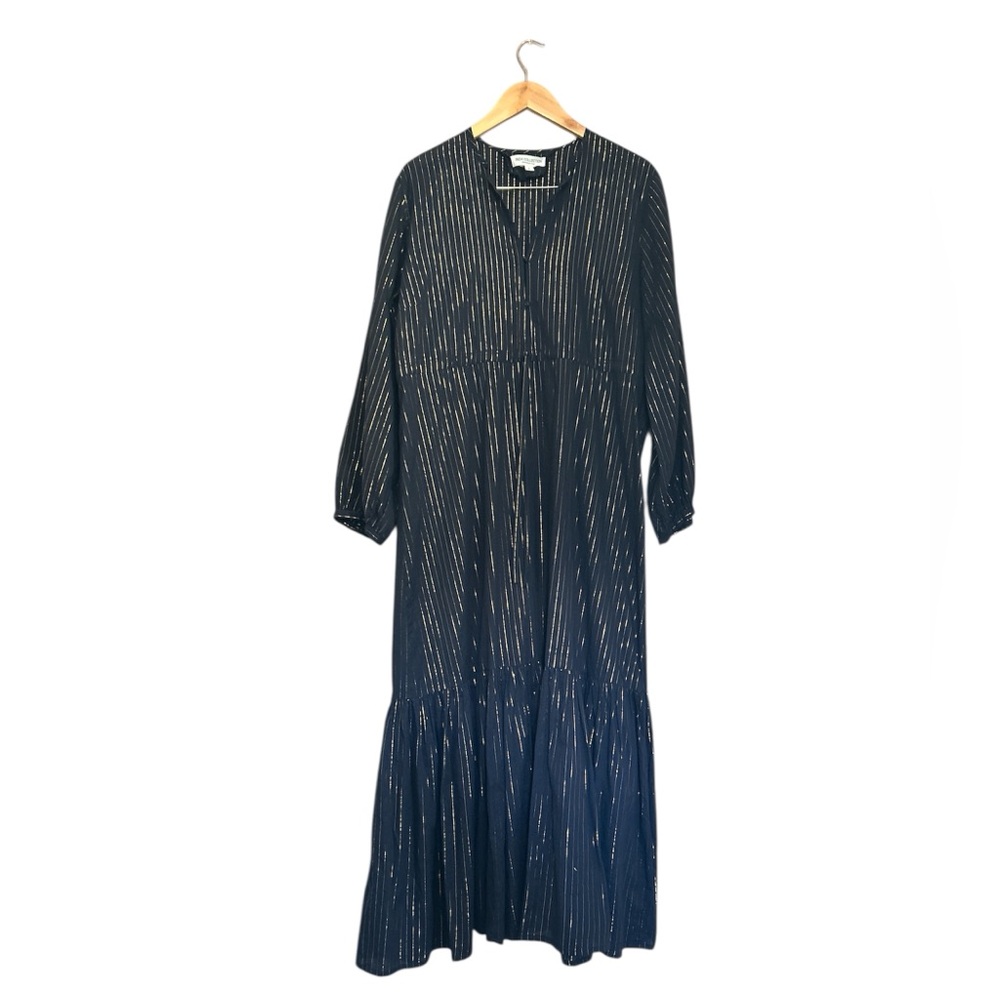 Emerson Fry Frances Dress Maritime Lurex Navy Metallic Stripes Drawstring Size L - Picture 3 of 12